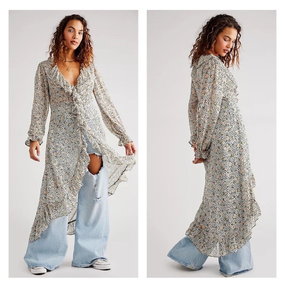 Free People Dresses & Skirts - Free People Sheer Floral Midi Dress Tunic Top Gigi Ruffle High Low Hem
